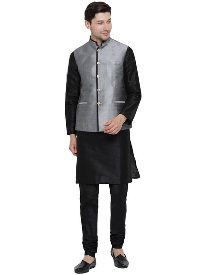 Men's Black Cotton Silk Blend Kurta, Ethnic Jacket and Pyjama Set