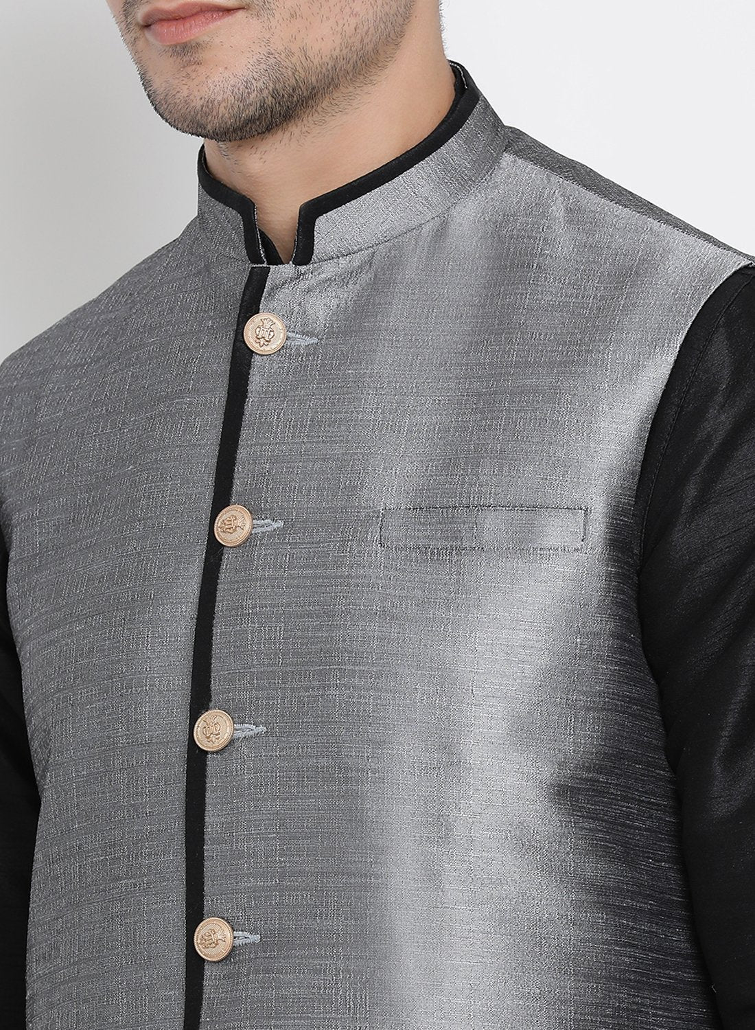 Men's Black Cotton Silk Blend Kurta, Ethnic Jacket and Pyjama Set