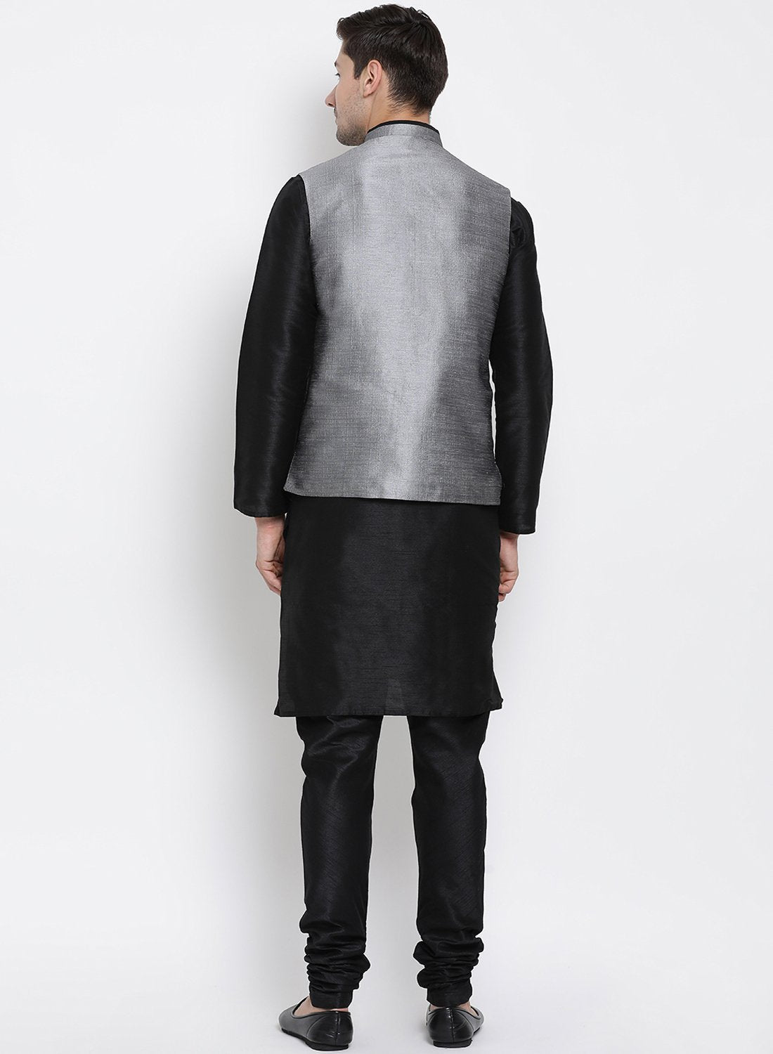 Men's Black Cotton Silk Blend Kurta, Ethnic Jacket and Pyjama Set