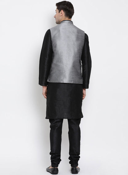 Men's Black Cotton Silk Blend Kurta, Ethnic Jacket and Pyjama Set