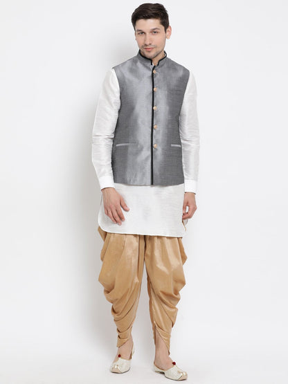 Men's White Cotton Silk Blend Ethnic Jacket, Kurta and Dhoti Pant Set