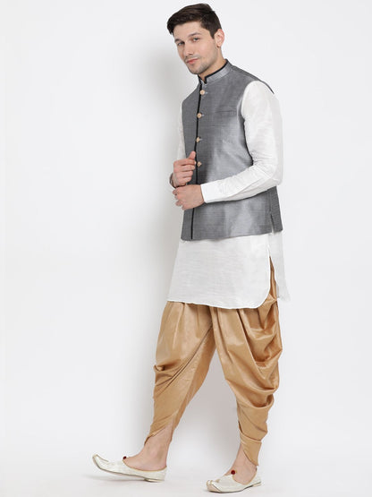 Men's White Cotton Silk Blend Ethnic Jacket, Kurta and Dhoti Pant Set