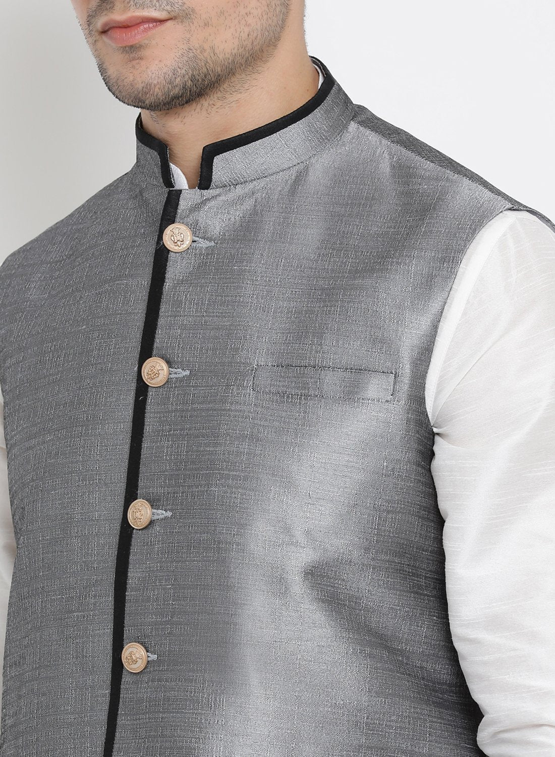 Men's White Cotton Silk Blend Ethnic Jacket, Kurta and Dhoti Pant Set