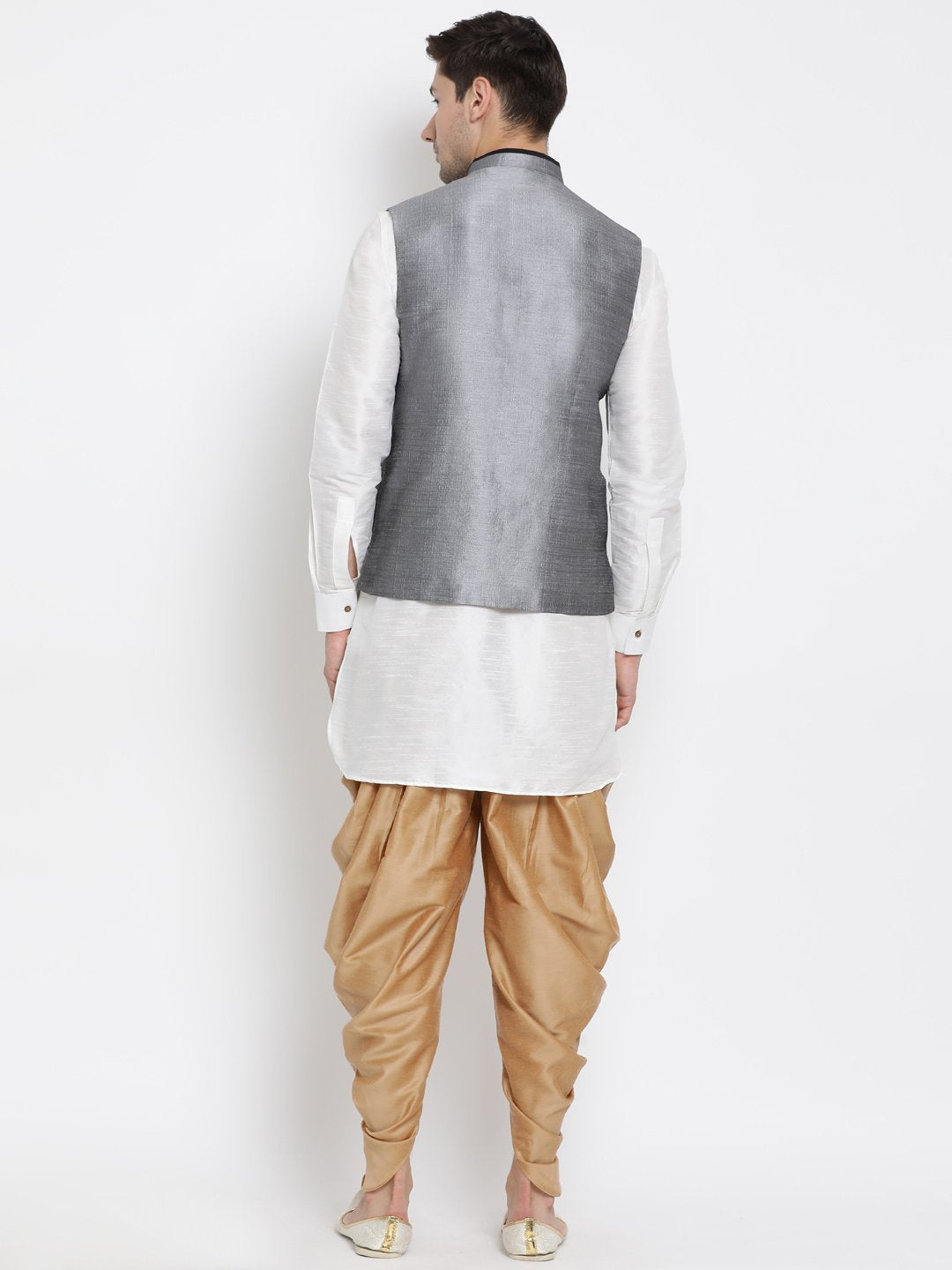 Men's White Cotton Silk Blend Ethnic Jacket, Kurta and Dhoti Pant Set