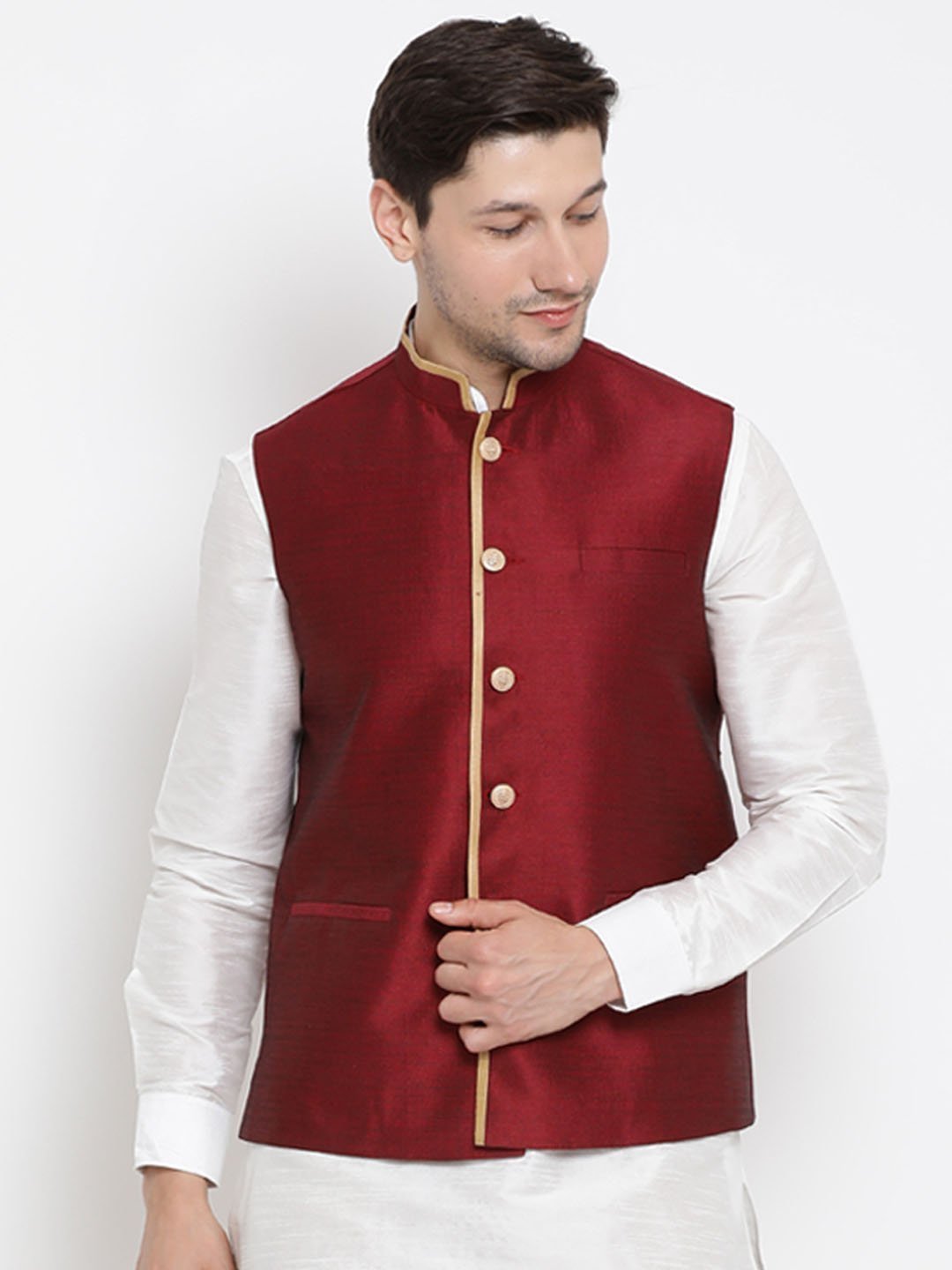 Men's Maroon Cotton Silk Blend Ethnic Jacket