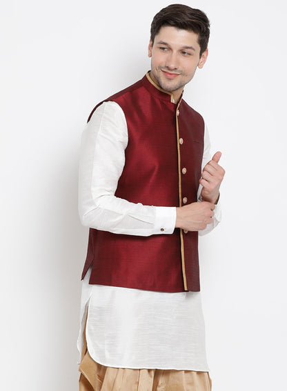 Men's Maroon Cotton Silk Blend Ethnic Jacket