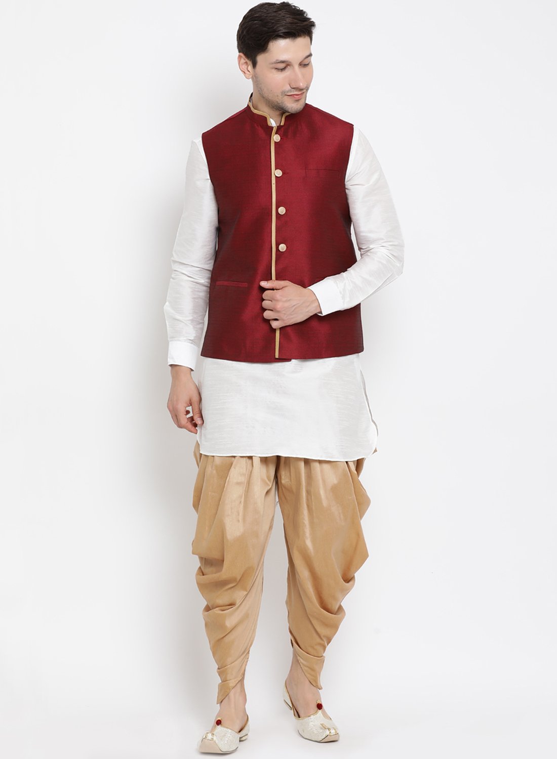 Men's Maroon Cotton Silk Blend Ethnic Jacket