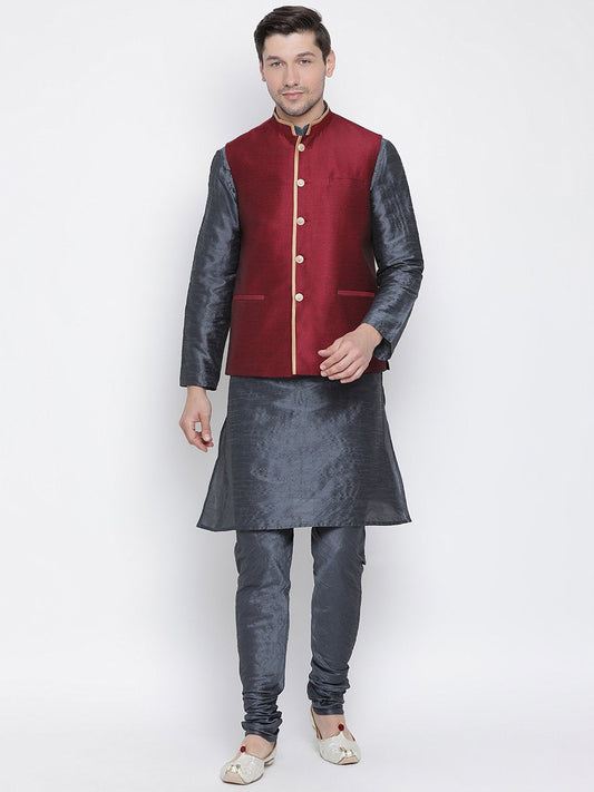 Men's Grey Cotton Silk Blend Kurta, Ethnic Jacket and Pyjama Set