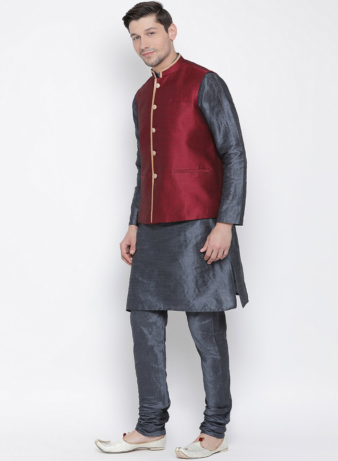 Men's Grey Cotton Silk Blend Kurta, Ethnic Jacket and Pyjama Set
