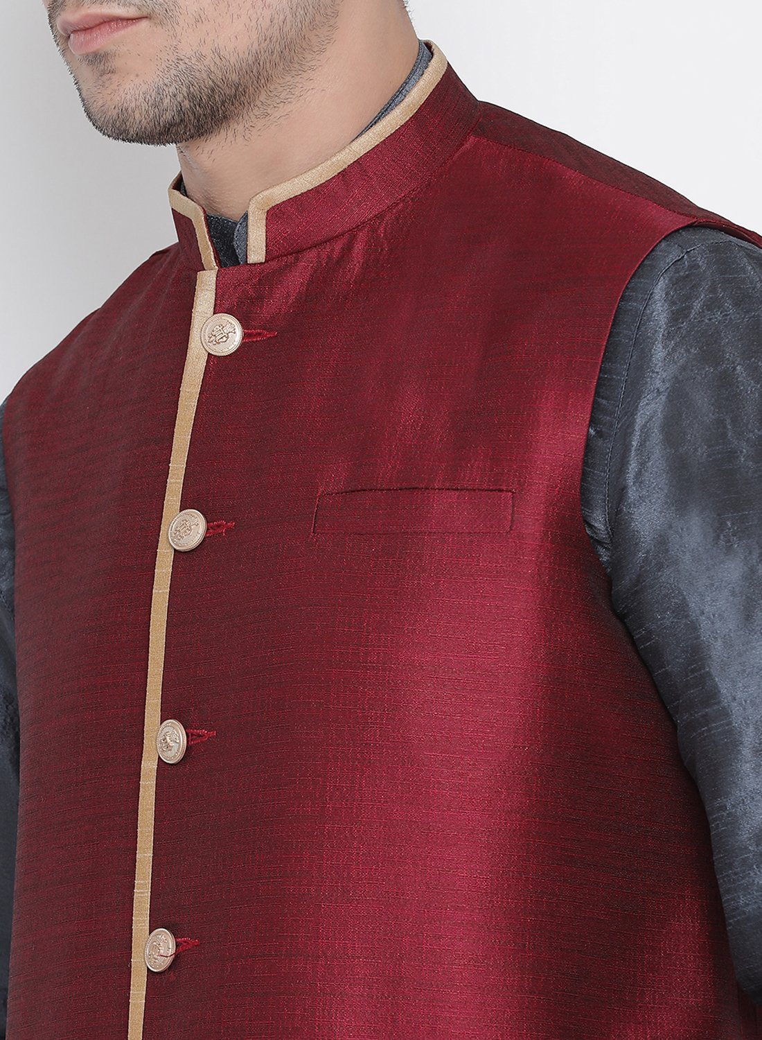 Men's Grey Cotton Silk Blend Kurta, Ethnic Jacket and Pyjama Set