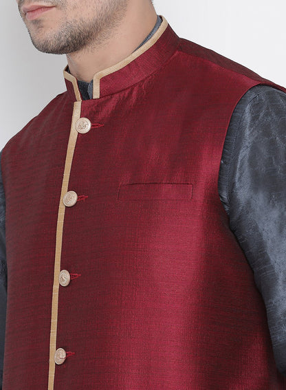Men's Grey Cotton Silk Blend Kurta, Ethnic Jacket and Pyjama Set