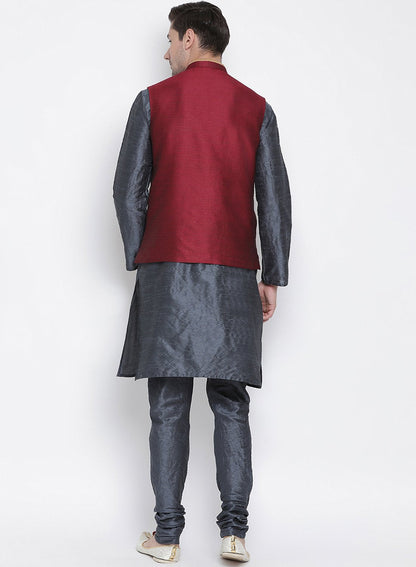 Men's Grey Cotton Silk Blend Kurta, Ethnic Jacket and Pyjama Set