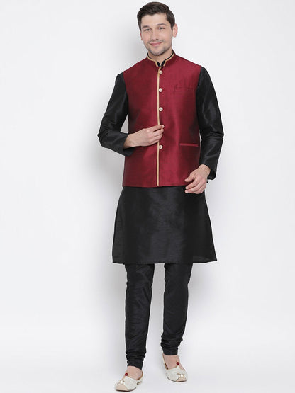 Men's Black Cotton Silk Blend Kurta, Ethnic Jacket and Pyjama Set