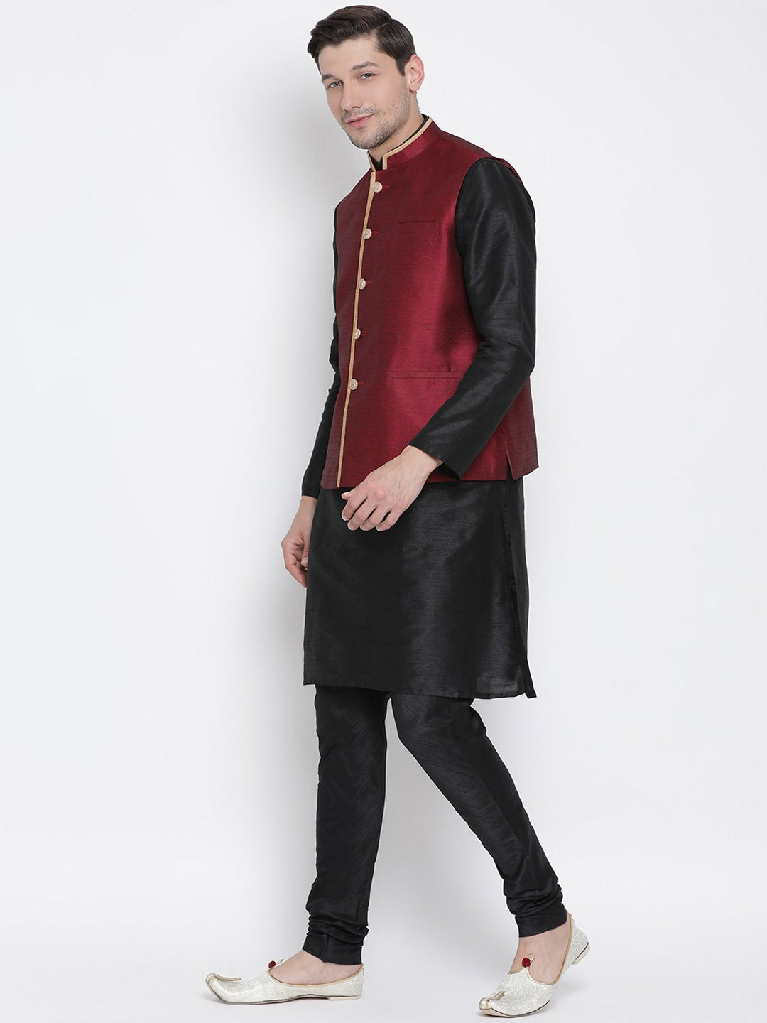 Men's Black Cotton Silk Blend Kurta, Ethnic Jacket and Pyjama Set