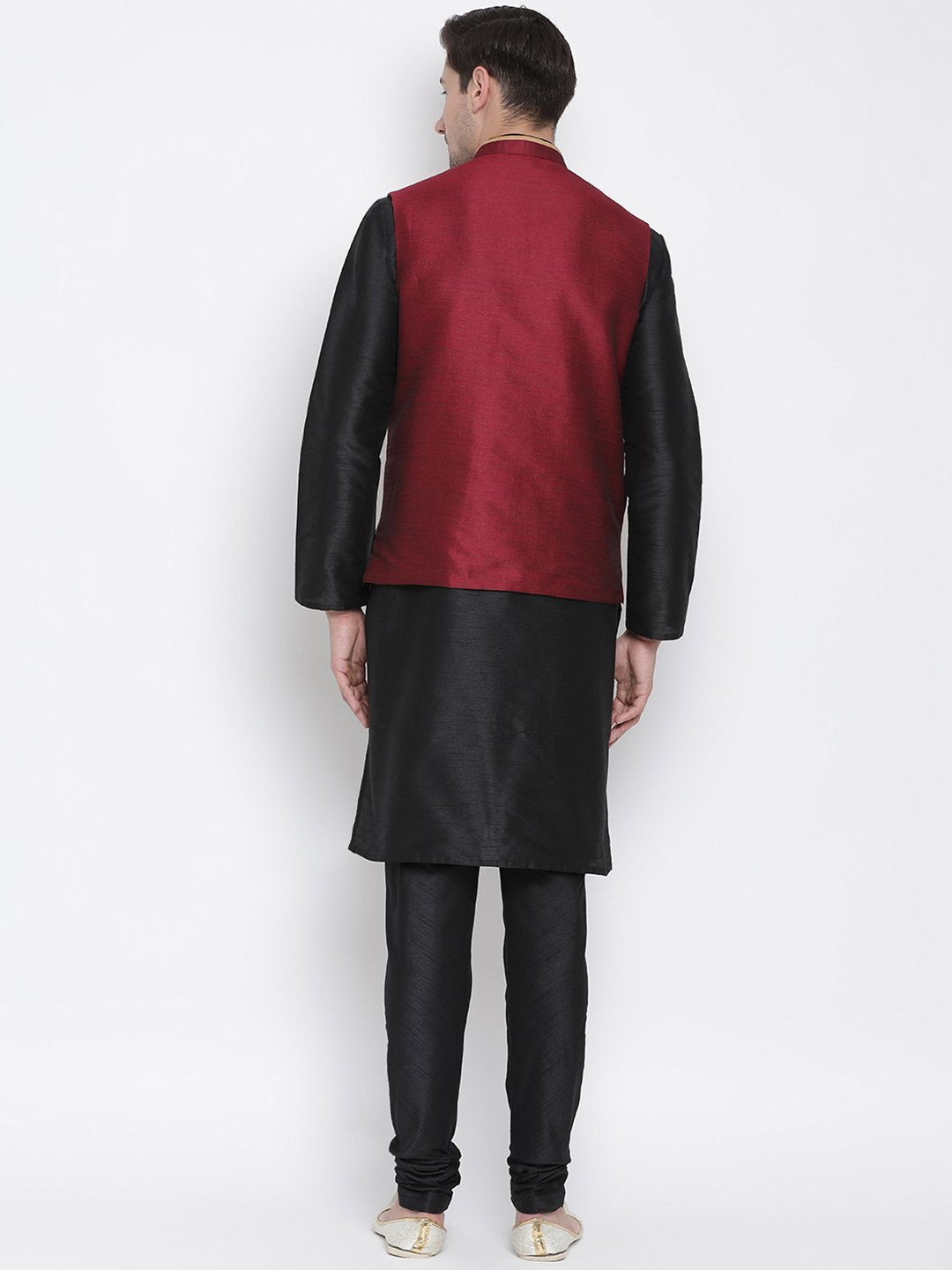 Men's Black Cotton Silk Blend Kurta, Ethnic Jacket and Pyjama Set