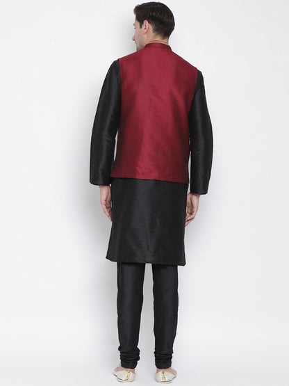 Men's Black Cotton Silk Blend Kurta, Ethnic Jacket and Pyjama Set