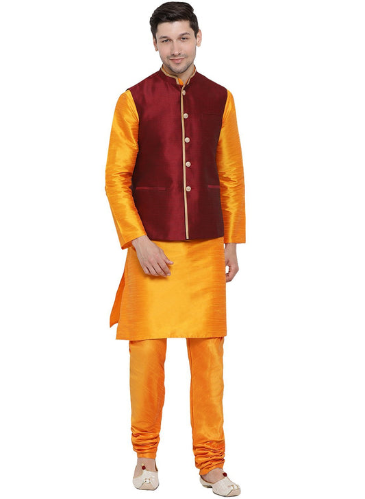 Men's Orange Cotton Silk Blend Kurta, Ethnic Jacket and Pyjama Set