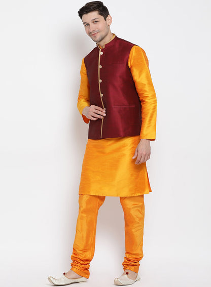 Men's Orange Cotton Silk Blend Kurta, Ethnic Jacket and Pyjama Set
