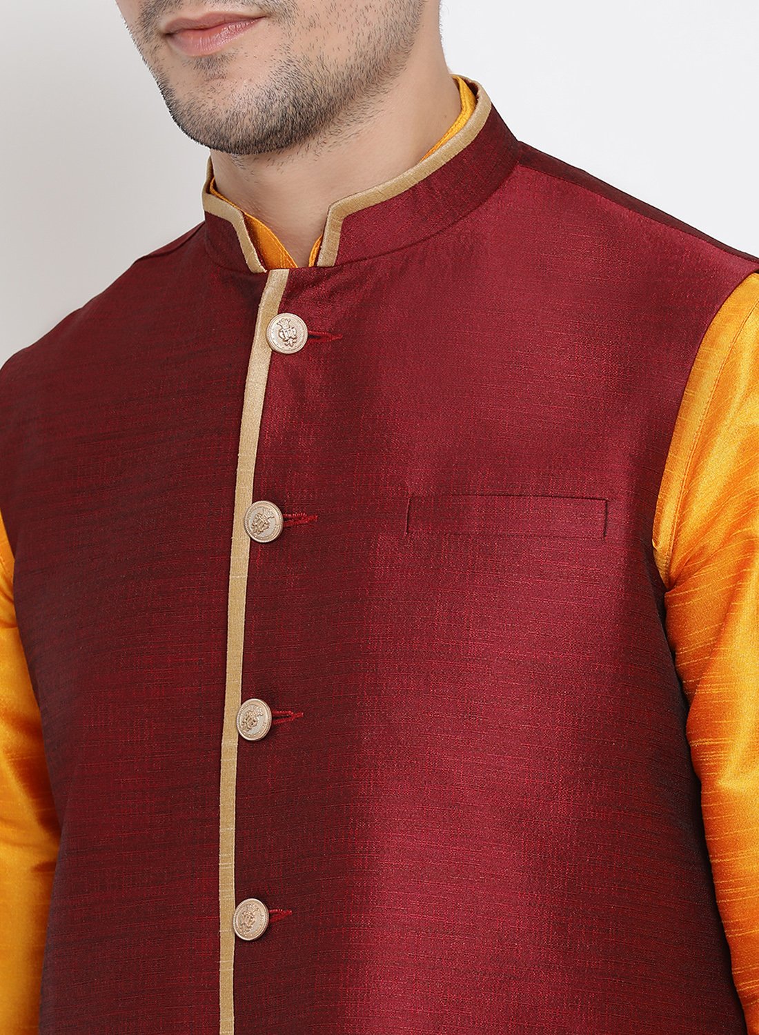 Men's Orange Cotton Silk Blend Kurta, Ethnic Jacket and Pyjama Set