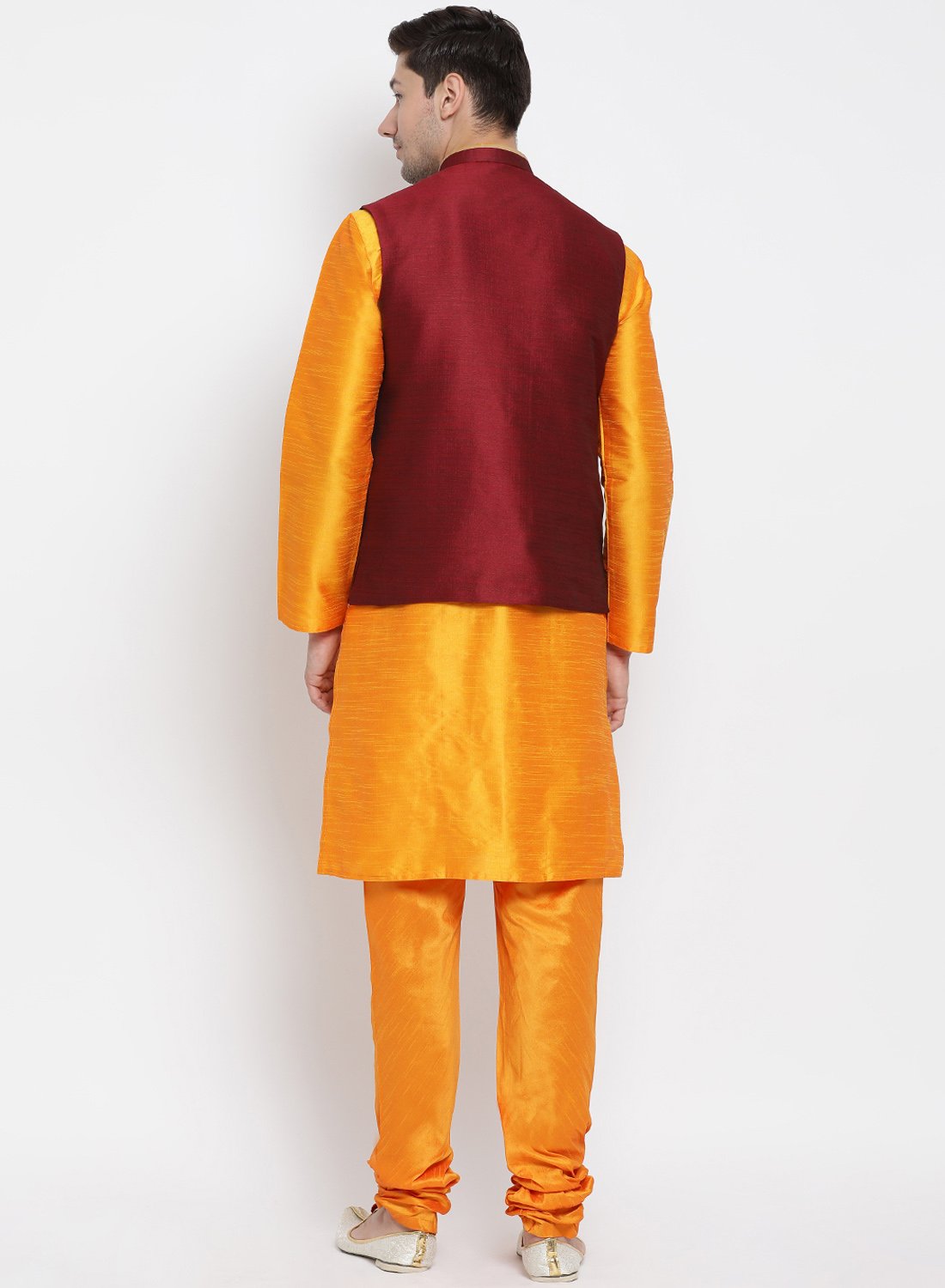 Men's Orange Cotton Silk Blend Kurta, Ethnic Jacket and Pyjama Set