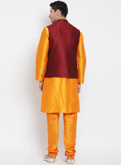 Men's Orange Cotton Silk Blend Kurta, Ethnic Jacket and Pyjama Set