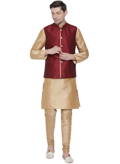 Men's Gold Cotton Silk Blend Kurta, Ethnic Jacket and Pyjama Set