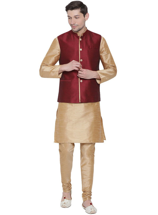 Men's Gold Cotton Silk Blend Kurta, Ethnic Jacket and Pyjama Set