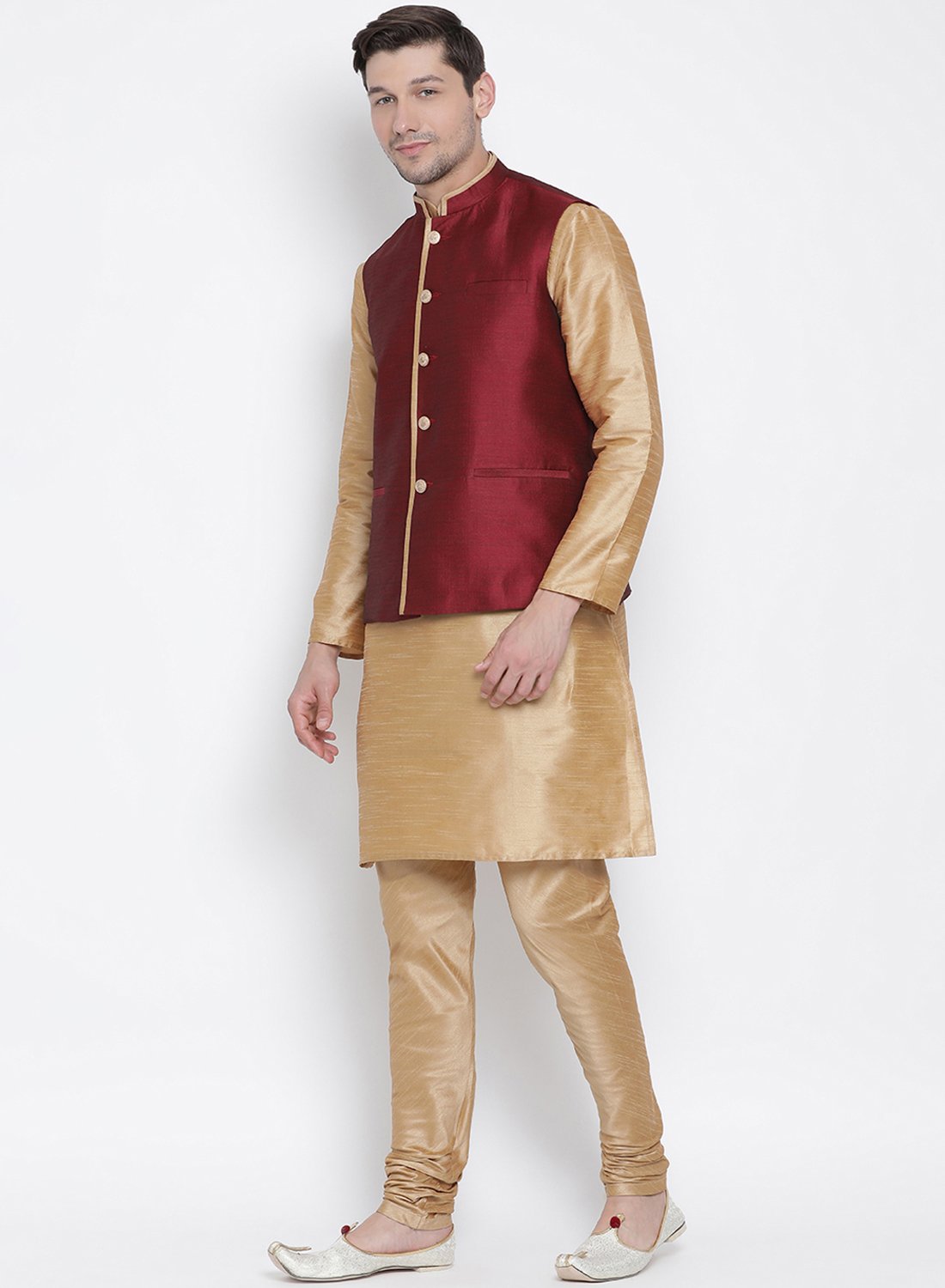 Men's Gold Cotton Silk Blend Kurta, Ethnic Jacket and Pyjama Set