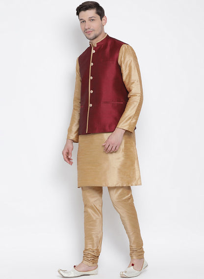 Men's Gold Cotton Silk Blend Kurta, Ethnic Jacket and Pyjama Set