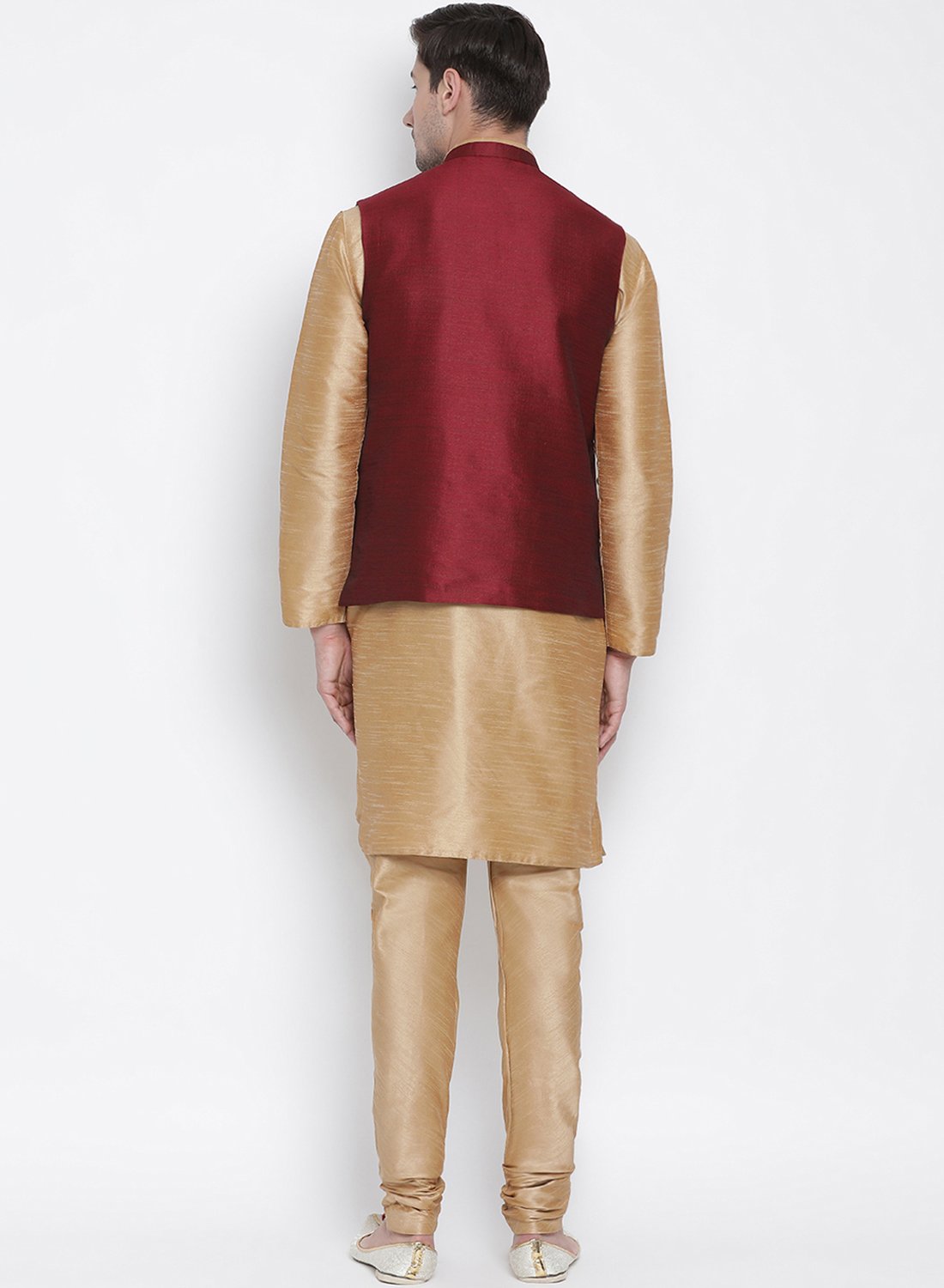 Men's Gold Cotton Silk Blend Kurta, Ethnic Jacket and Pyjama Set