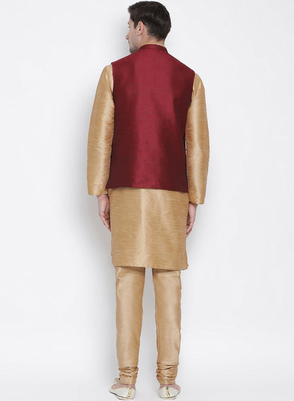 Men's Gold Cotton Silk Blend Kurta, Ethnic Jacket and Pyjama Set