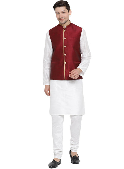 Men's White Cotton Silk Blend Kurta, Ethnic Jacket and Pyjama Set