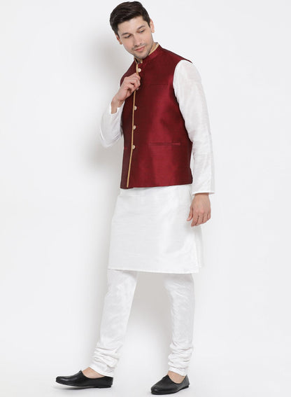 Men's White Cotton Silk Blend Kurta, Ethnic Jacket and Pyjama Set