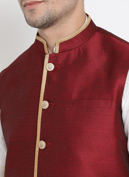 Men's White Cotton Silk Blend Kurta, Ethnic Jacket and Pyjama Set