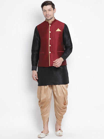 Men's Black Cotton Silk Blend Ethnic Jacket, Kurta and Dhoti Pant Set