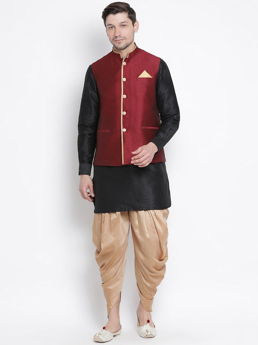 Men's Black Cotton Silk Blend Ethnic Jacket, Kurta and Dhoti Pant Set