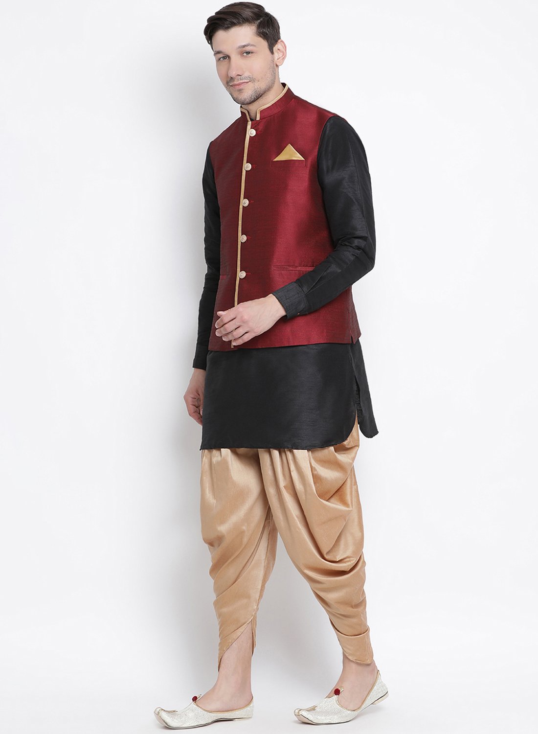 Men's Black Cotton Silk Blend Ethnic Jacket, Kurta and Dhoti Pant Set