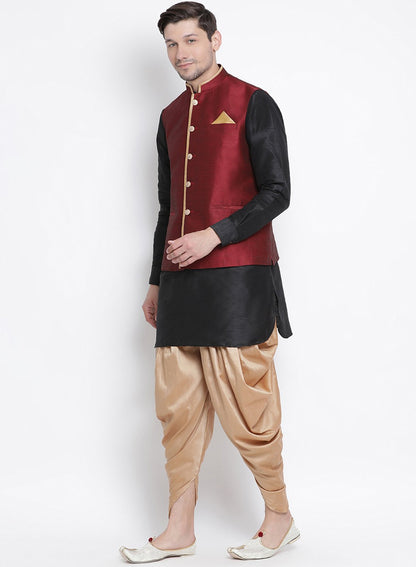 Men's Black Cotton Silk Blend Ethnic Jacket, Kurta and Dhoti Pant Set