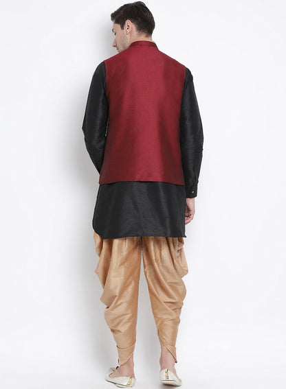 Men's Black Cotton Silk Blend Ethnic Jacket, Kurta and Dhoti Pant Set