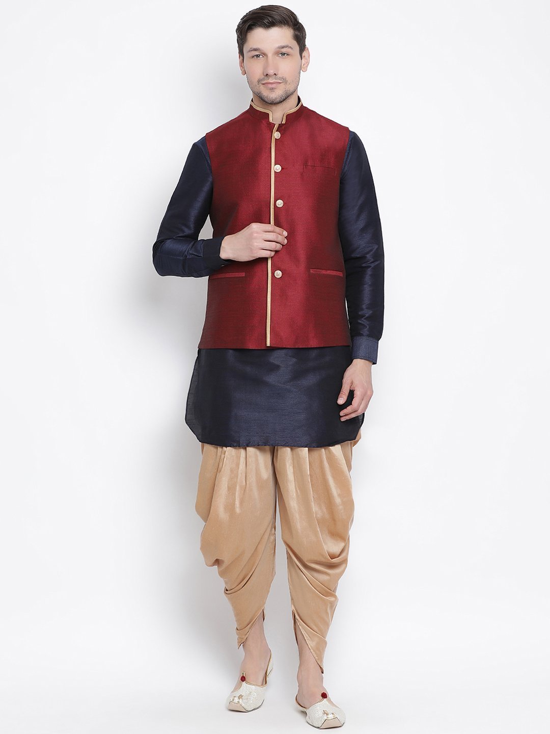 Men's Dark Blue Cotton Silk Blend Ethnic Jacket, Kurta and Dhoti Pant Set