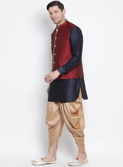 Men's Dark Blue Cotton Silk Blend Ethnic Jacket, Kurta and Dhoti Pant Set