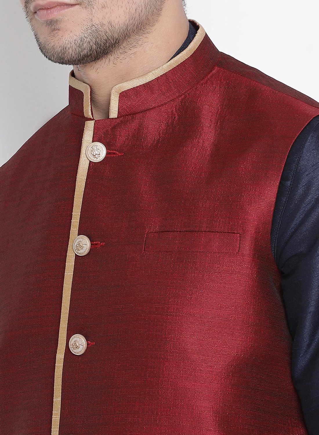 Men's Dark Blue Cotton Silk Blend Ethnic Jacket, Kurta and Dhoti Pant Set