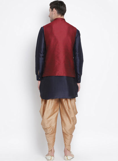 Men's Dark Blue Cotton Silk Blend Ethnic Jacket, Kurta and Dhoti Pant Set