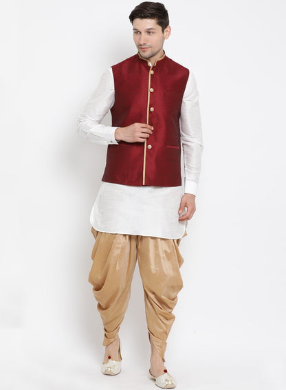 Men's White Cotton Silk Blend Ethnic Jacket, Kurta and Dhoti Pant Set