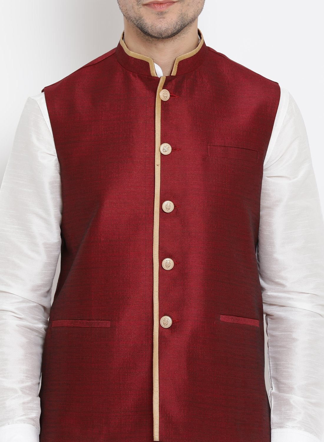 Men's White Cotton Silk Blend Ethnic Jacket, Kurta and Dhoti Pant Set