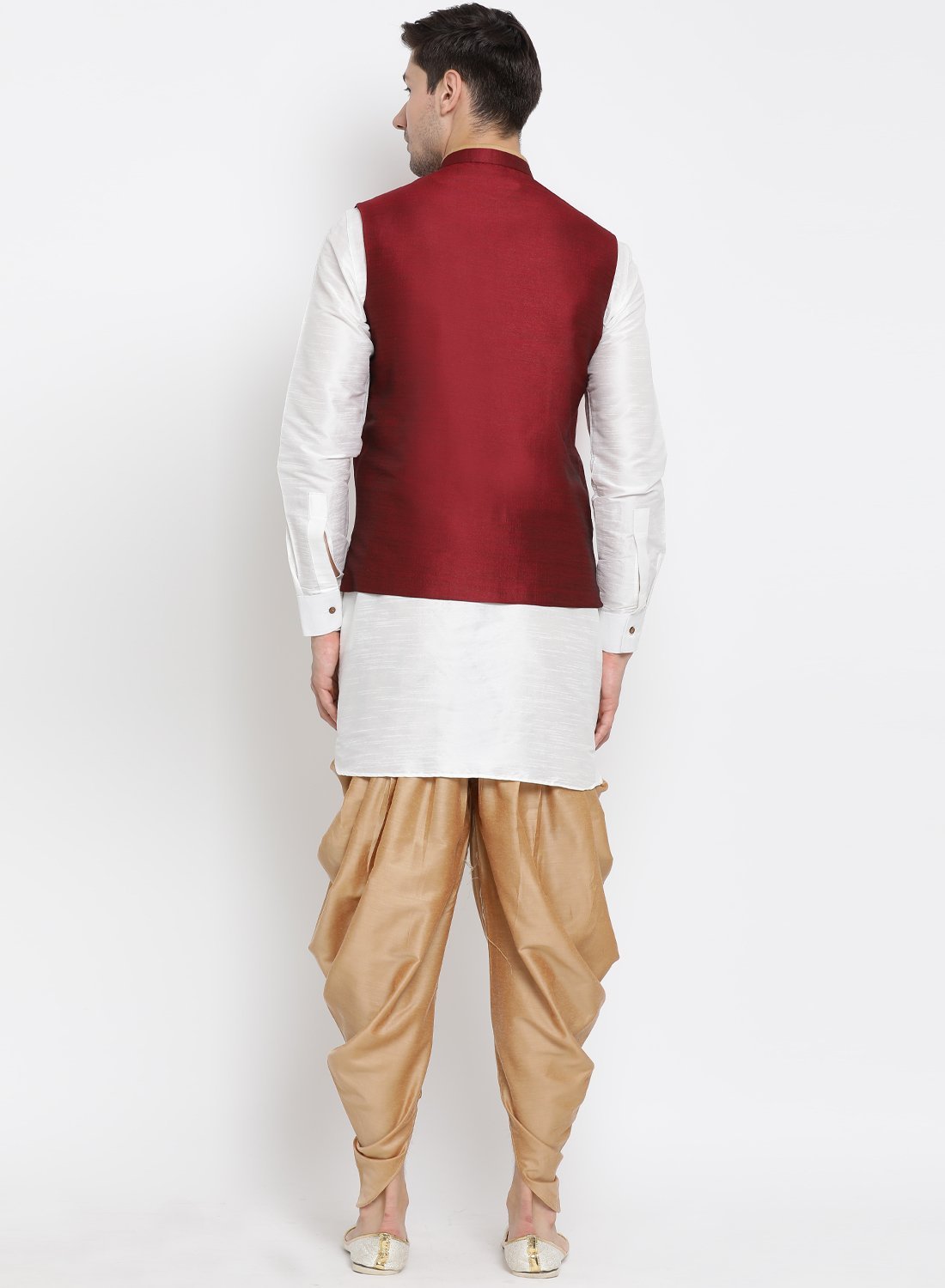 Men's White Cotton Silk Blend Ethnic Jacket, Kurta and Dhoti Pant Set