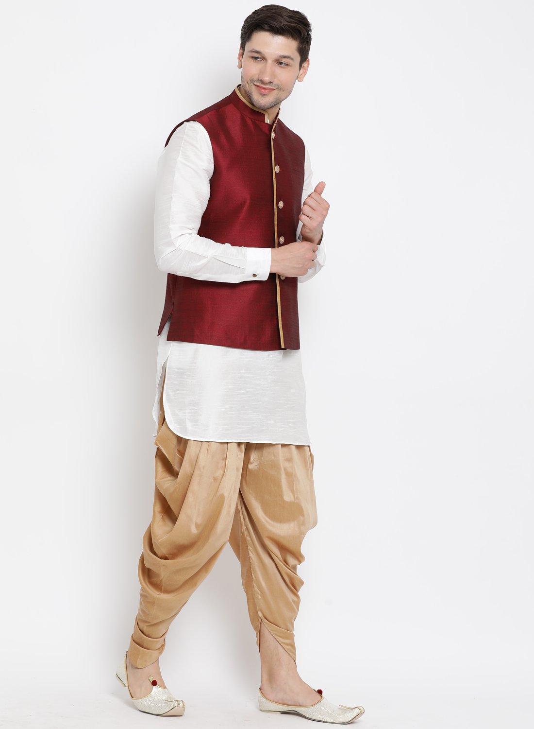 Men's White Cotton Silk Blend Ethnic Jacket, Kurta and Dhoti Pant Set