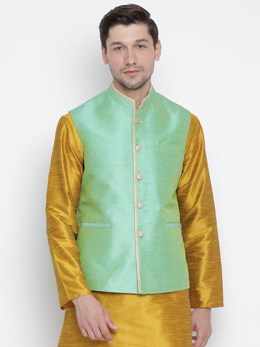Men's Green Cotton Silk Blend Ethnic Jacket
