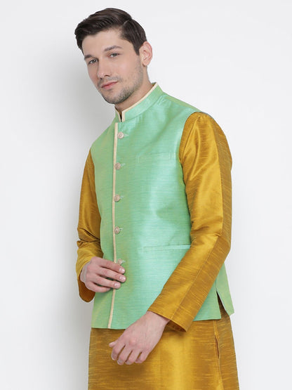 Men's Green Cotton Silk Blend Ethnic Jacket
