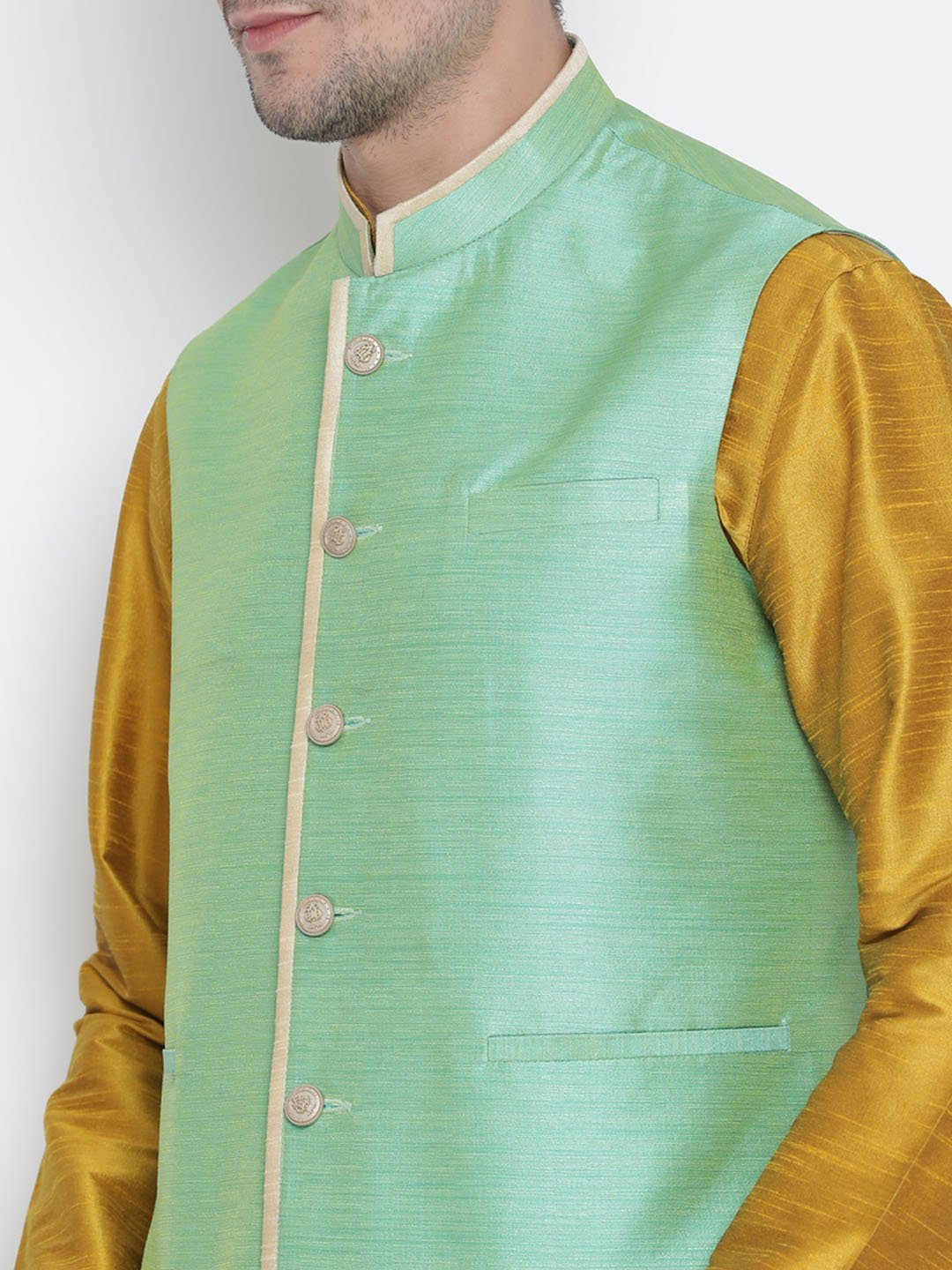 Men's Green Cotton Silk Blend Ethnic Jacket